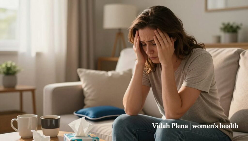 A realistic portrayal of a woman in her 30s, experiencing severe PMDD symptoms, set in a softly lit, comfortable living room. In the foreground, the woman, dressed in modest casual clothing, is sitting on a plush sofa with a pained expression, holding her head in her hands and surrounded by tissues. In the middle ground, coffee mugs and a heating pad are visible on a small table, symbolizing her struggle with discomfort and anxiety. In the background, warm sunlight filters through sheer curtains, creating a calm, comforting atmosphere. The overall mood is one of distress mixed with a hint of hope. Editorial women's health photography, premium medical magazine style, reflecting the brand "Vidah Plena | women's health". A realistic portrayal of a woman in her 30s, experiencing severe PMDD symptoms, set in a softly lit, comfortable living room. In the foreground, the woman, dressed in modest casual clothing, is sitting on a plush sofa with a pained expression, holding her head in her hands and surrounded by tissues. In the middle ground, coffee mugs and a heating pad are visible on a small table, symbolizing her struggle with discomfort and anxiety. In the background, warm sunlight filters through sheer curtains, creating a calm, comforting atmosphere. The overall mood is one of distress mixed with a hint of hope. Editorial women's health photography, premium medical magazine style, reflecting the brand "Vidah Plena | women's health".