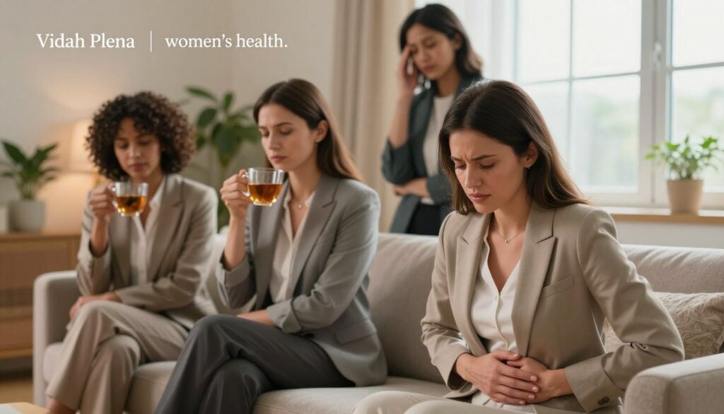 A serene and calming scene depicting a diverse group of realistic women in professional business attire, showcasing various symptoms associated with PMS. In the foreground, a woman seated on a couch holds her abdomen, displaying a gentle expression of discomfort. The middle layer features two women, one sitting with a thoughtful gaze while sipping herbal tea, and the other standing, looking thoughtfully out a window with a hand on her temple. The background captures a softly lit room with cozy plants and soothing colors, creating an inviting atmosphere. The lighting is warm and diffused, evoking a sense of empathy and understanding. The image aligns with a premium medical magazine style, emphasizing women's health and wellness, branded with “Vidah Plena | women's health.”