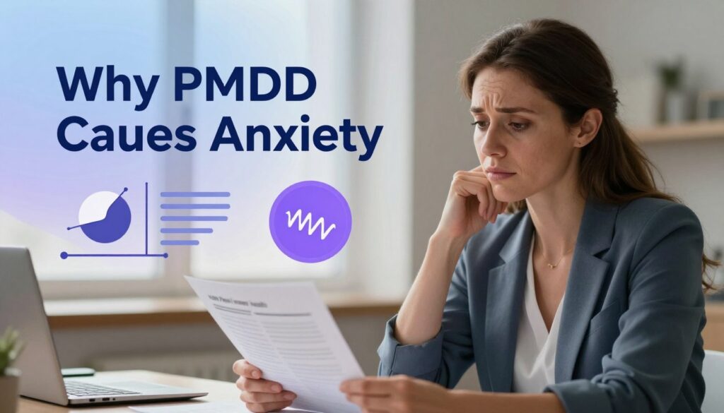 A serene and contemplative scene illustrating "Why PMDD Causes Anxiety." In the foreground, a woman in modest, professional attire sits at a desk, her expression reflecting a mix of concern and deep thought, as she reviews health-related documents. In the middle ground, subtle visual representations of PMDD are depicted, such as hormone charts and stress indicators, blending in with soft, flowing colors like blues and purples to symbolize emotional turmoil. The background features a calming environment with gentle natural light filtering through a window, creating a soft and inviting atmosphere. The lens captures a warm focus on the woman's face, enhancing the mood of introspection and empathy. The overall composition reflects a premium editorial style for women’s health, suitable for "Vidah Plena | women’s health."