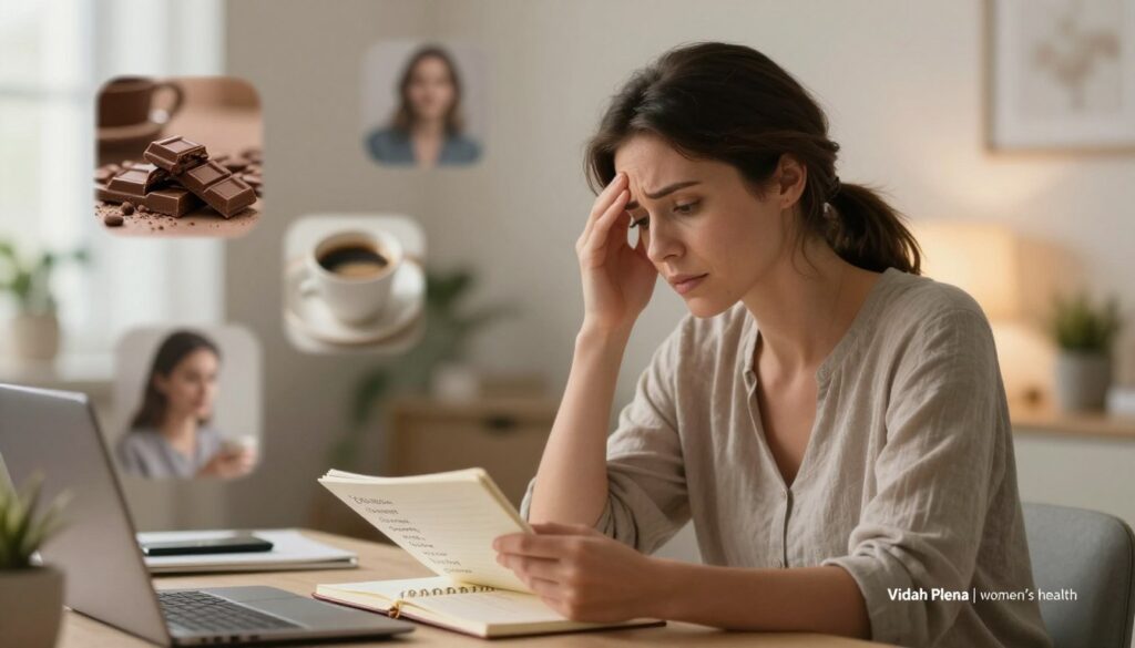 A serene and contemplative women's health scene focused on the concept of PMDD triggers. In the foreground, a realistic woman in modest casual clothing is sitting at a desk, looking thoughtfully at a notebook filled with emotional triggers, such as stress, fatigue, and hormonal changes. The middle layer features soft, blurred images of common PMDD triggers like chocolate, coffee, and social interactions, subtly floating around her workspace. The background is a calming office or home environment with warm lighting, creating a tranquil atmosphere. Use a shallow depth of field to emphasize the woman while keeping the triggers slightly out of focus. The overall mood is reflective yet informative, styled like a premium medical magazine, incorporating the brand name "Vidah Plena | women's health" subtly in the composition.