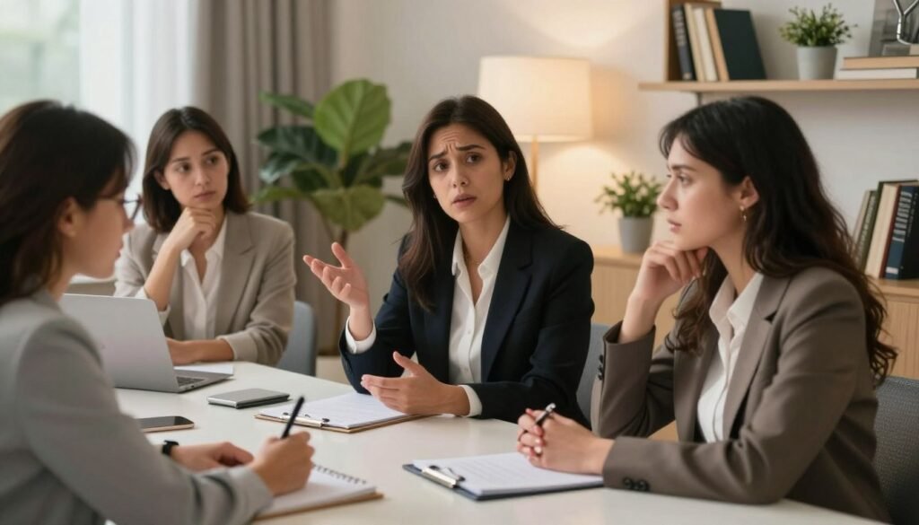 High-Functioning ADHD in Women: Success, Struggles, and Hidden Symptoms 2 A serene and contemplative workspace featuring a diverse group of three women in professional attire sitting around a well-lit, modern conference table. Each woman displays a thoughtful expression, engaged in a discussion about ADHD diagnosis. In the foreground, a woman with glasses, jotting notes on a notepad, embodies focus and determination. In the middle ground, another woman gestures expressively, emphasizing a point, while the third woman listens intently, her face reflecting concern and empathy. The background showcases a cozy office environment with soft lighting, green plants, and shelves filled with books, creating a warm and inviting atmosphere. The mood conveys a mixture of seriousness and hope, illustrating the journey of understanding ADHD in women.