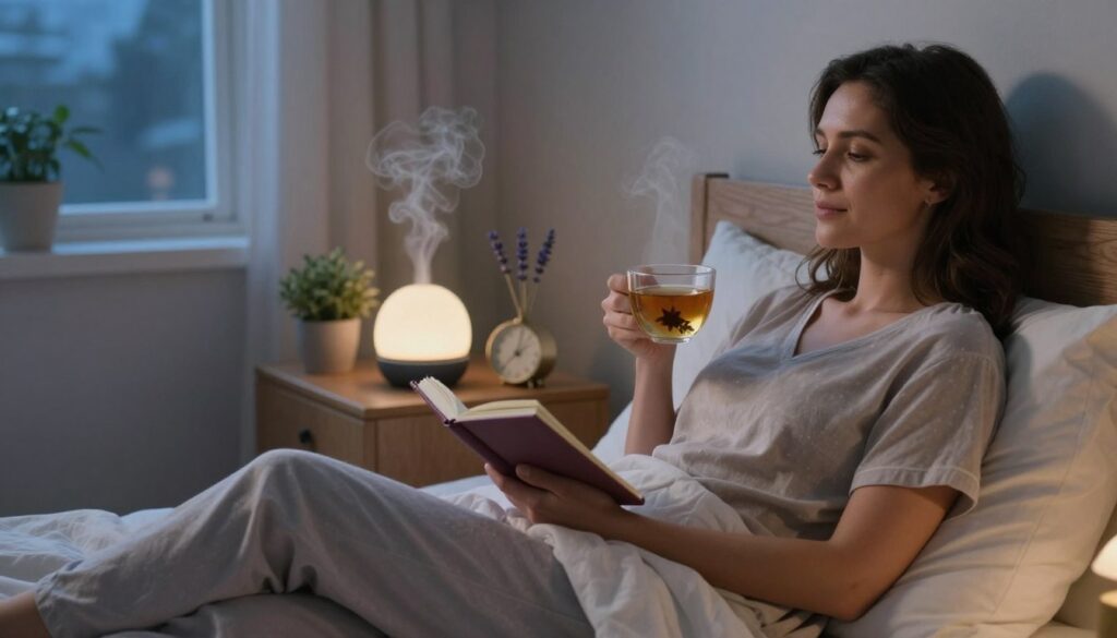 A serene and cozy nighttime scene that captures the essence of sleep optimization for women managing PMDD. In the foreground, a woman in modest, comfortable sleepwear sits on her bed, surrounded by soft pillows and gentle lighting. She holds a journal and a cup of herbal tea, symbolizing self-care and mindfulness. In the middle ground, a bedside table adorned with a small clock, a lavender plant, and a diffuser emitting a calming mist sets a tranquil atmosphere. The background features a softly lit window showing a peaceful night sky. The mood is calming and peaceful, creating a sense of safety and relaxation. Editorial women’s health photography style, realistic depiction of feminine wellness. Vidah Plena | women's health. A serene and cozy nighttime scene that captures the essence of sleep optimization for women managing PMDD. In the foreground, a woman in modest, comfortable sleepwear sits on her bed, surrounded by soft pillows and gentle lighting. She holds a journal and a cup of herbal tea, symbolizing self-care and mindfulness. In the middle ground, a bedside table adorned with a small clock, a lavender plant, and a diffuser emitting a calming mist sets a tranquil atmosphere. The background features a softly lit window showing a peaceful night sky. The mood is calming and peaceful, creating a sense of safety and relaxation. Editorial women’s health photography style, realistic depiction of feminine wellness. Vidah Plena | women's health.