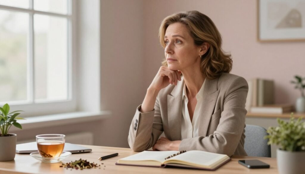 A serene and emotional composition depicting a thoughtful middle-aged woman, dressed in professional business attire, sitting at a stylish desk in a softly lit office environment. She gazes out a window, reflecting feelings of introspection and contemplation, embodying the nuances of perimenopause symptoms and emotional health. The background features calming pastel colors and gentle lighting that create a warm, inviting atmosphere. In the foreground, a close-up of a few scattered items related to self-care—such as herbal teas, a journal, and a plant—symbolizing coping strategies for mood changes. The overall mood should evoke a sense of understanding and support, reinforcing the theme of women's health. This image is designed to promote the brand identity of "Vidah Plena | Women's Health" in a premium, realistic manner. A serene and emotional composition depicting a thoughtful middle-aged woman, dressed in professional business attire, sitting at a stylish desk in a softly lit office environment. She gazes out a window, reflecting feelings of introspection and contemplation, embodying the nuances of perimenopause symptoms and emotional health. The background features calming pastel colors and gentle lighting that create a warm, inviting atmosphere. In the foreground, a close-up of a few scattered items related to self-care—such as herbal teas, a journal, and a plant—symbolizing coping strategies for mood changes. The overall mood should evoke a sense of understanding and support, reinforcing the theme of women's health. This image is designed to promote the brand identity of "Vidah Plena | Women's Health" in a premium, realistic manner.