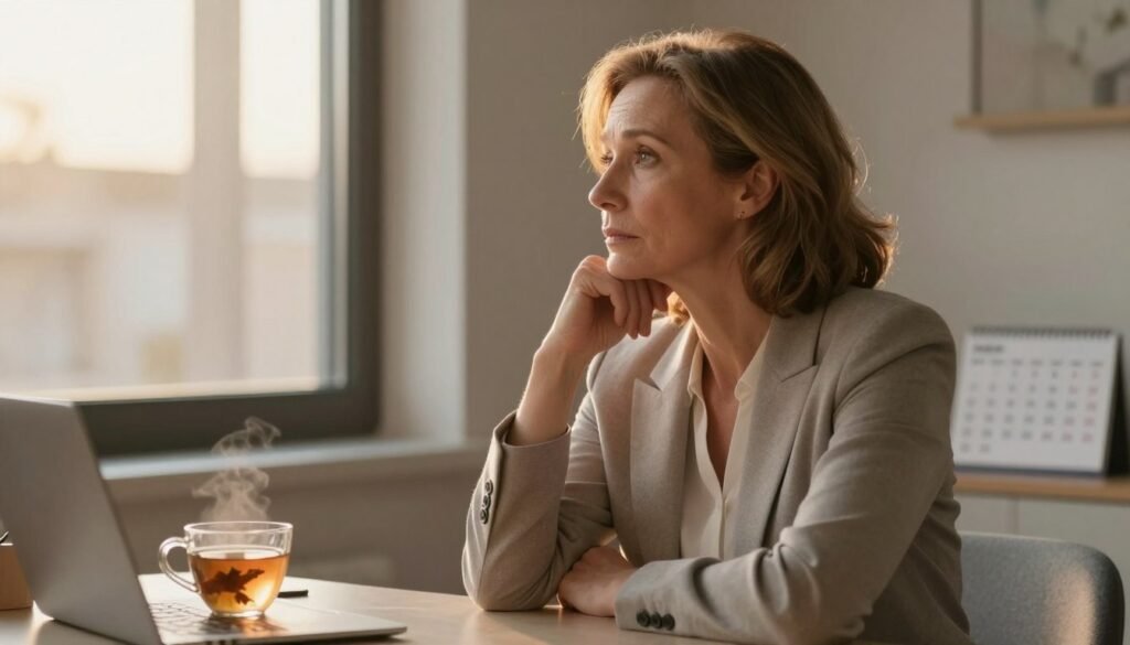 A serene and emotional scene showcasing a middle-aged woman sitting thoughtfully at a desk, dressed in professional business attire, reflecting the changes of perimenopause. In the foreground, she gazes out the window, her expression contemplative, capturing the mood swings and emotional turmoil experienced during this phase. The middle of the image features soft lighting from the late afternoon sun, casting a warm golden hue that symbolizes hope and understanding. In the background, subtle elements like a calendar marked with significant dates and a cup of herbal tea evoke self-care. The atmosphere is calm yet introspective, embodying the journey of women navigating perimenopause. High-quality, realistic editorial style that reflects the theme of women's health, with a focus on emotional well-being. Vidah Plena | Women's Health.