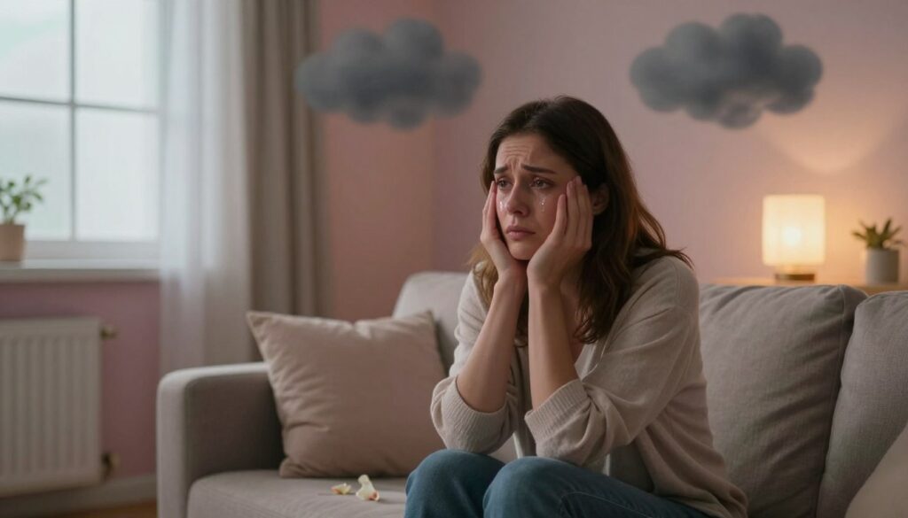A serene and emotionally charged scene depicting a woman in her early 30s, dressed in modest casual clothing, sitting on a cozy couch in a softly lit room. She has a reflective expression, with tears glistening in her eyes, conveying the emotional turmoil of PMDD. Surrounding her are subtle visual representations of PMDD emotional symptoms: a shadowy cloud overhead symbolizing anxiety, delicate petals on the floor representing sadness, and a warm light glowing softly from a nearby window portraying hope. The background features calming pastel colors, enhancing the atmosphere of introspection and vulnerability. The scene captures a moment of solitude, exuding a sense of understanding and compassion towards women's mental health. Editorial women's health photography style, premium medical magazine aesthetic. Vidah Plena | women's health. A serene and emotionally charged scene depicting a woman in her early 30s, dressed in modest casual clothing, sitting on a cozy couch in a softly lit room. She has a reflective expression, with tears glistening in her eyes, conveying the emotional turmoil of PMDD. Surrounding her are subtle visual representations of PMDD emotional symptoms: a shadowy cloud overhead symbolizing anxiety, delicate petals on the floor representing sadness, and a warm light glowing softly from a nearby window portraying hope. The background features calming pastel colors, enhancing the atmosphere of introspection and vulnerability. The scene captures a moment of solitude, exuding a sense of understanding and compassion towards women's mental health. Editorial women's health photography style, premium medical magazine aesthetic. Vidah Plena | women's health.