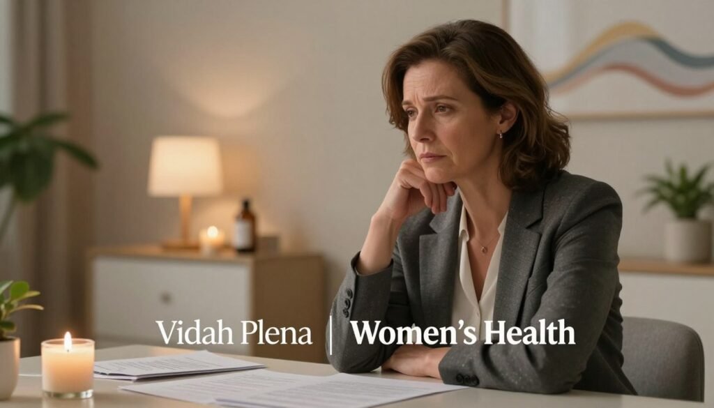 Perimenopause vs Depression: Understanding the Overlap 2 A serene and emotive scene depicting a middle-aged woman sitting thoughtfully at a table, dressed in professional business attire, embodying the experience of perimenopause. In the foreground, delicate elements symbolize symptoms like mood swings and anxiety, such as scattered papers and an unlit candle. The middle ground features a softly lit, comforting home environment with warm lighting, showcasing hints of wellness products and natural elements like plants. In the background, an abstract representation of emotional waves or thoughts may flow softly, hinting at the overlapping experiences of perimenopause and depression. The overall mood is reflective and insightful, emphasizing the journey of understanding these symptoms. Shot with a soft focus lens to capture warmth and depth, ensuring a premium editorial quality. This image is branded as "Vidah Plena | Women's Health" to resonate with the theme of women's wellness.
