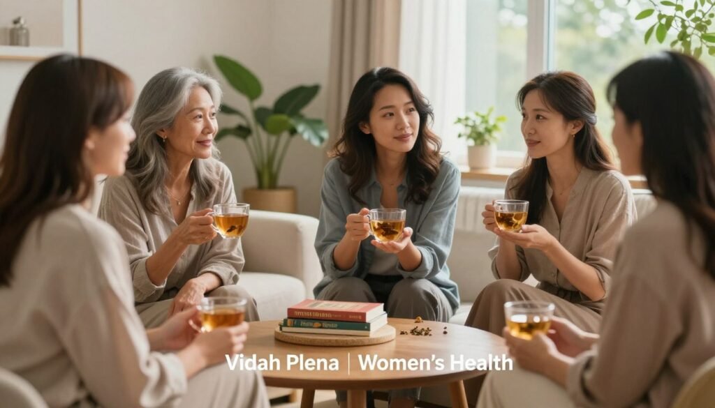 Lifestyle Changes for Perimenopause: Simple Habits That Make a Difference 1 A serene and empowering scene illustrating the themes of perimenopause health and hormones. Foreground features a diverse group of women in modest casual clothing, engaging in supportive conversation while enjoying a refreshing herbal tea. Middle ground shows a well-lit, inviting home environment with plants and wellness books on a table. Background includes soft, natural light streaming in through a window, creating a warm atmosphere. Emphasize a sense of connection and understanding among the women, capturing emotional expressions of support and motivation. The overall mood should be one of comfort, empowerment, and health awareness. Use realistic hues and professional quality to ensure a polished look, representing the essence of women’s health as championed by 'Vidah Plena | Women's Health'.