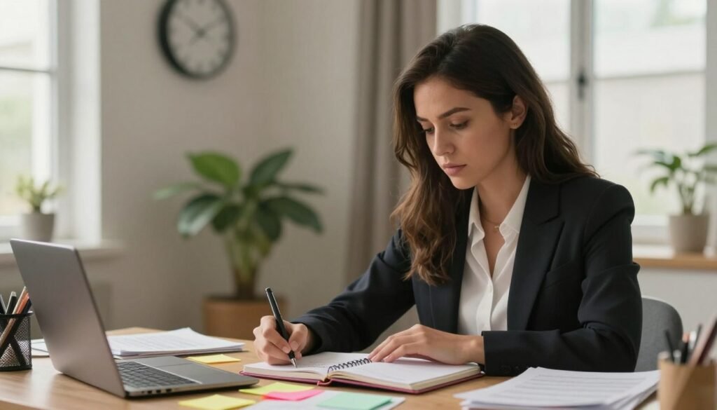 High-Functioning ADHD in Women: Success, Struggles, and Hidden Symptoms 1 A serene and focused woman managing her daily tasks while navigating ADHD challenges. In the foreground, a young woman in professional business attire sits at a cluttered desk, jotting down notes in a planner, surrounded by colorful sticky notes and scattered papers. In the middle ground, a calming indoor space features a plant and a wall clock, suggesting time management struggles. The background shows a large window letting in soft, natural light, illuminating the scene with a warm, inviting atmosphere. The woman's expression conveys determination and calm, portraying the emotional depth and resilience faced by women with high-functioning ADHD. Capture the image with a soft focus lens to emphasize the subject while creating a sense of intimacy and realism.