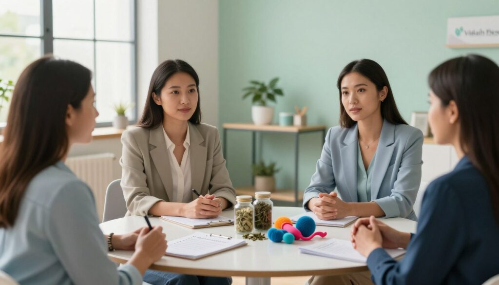 A serene and informative editorial image depicting key takeaways for managing PMDD, designed for a premium medical magazine style. In the foreground, a diverse group of three women in professional business attire, engaged in a thoughtful discussion. The middle layer features a table adorned with essential management tools: a notepad with bullet points, herbal remedies, and stress-relief items. The background consists of a softly lit, modern office space with calming colors, like pastel greens and blues, conveying a sense of tranquility. Natural light streams in through large windows, creating a warm atmosphere. The overall mood is uplifting and supportive, reflecting empowerment and collaboration in women's health. Include "Vidah Plena | women's health" subtly incorporated into the composition. A serene and informative editorial image depicting key takeaways for managing PMDD, designed for a premium medical magazine style. In the foreground, a diverse group of three women in professional business attire, engaged in a thoughtful discussion. The middle layer features a table adorned with essential management tools: a notepad with bullet points, herbal remedies, and stress-relief items. The background consists of a softly lit, modern office space with calming colors, like pastel greens and blues, conveying a sense of tranquility. Natural light streams in through large windows, creating a warm atmosphere. The overall mood is uplifting and supportive, reflecting empowerment and collaboration in women's health. Include "Vidah Plena | women's health" subtly incorporated into the composition.