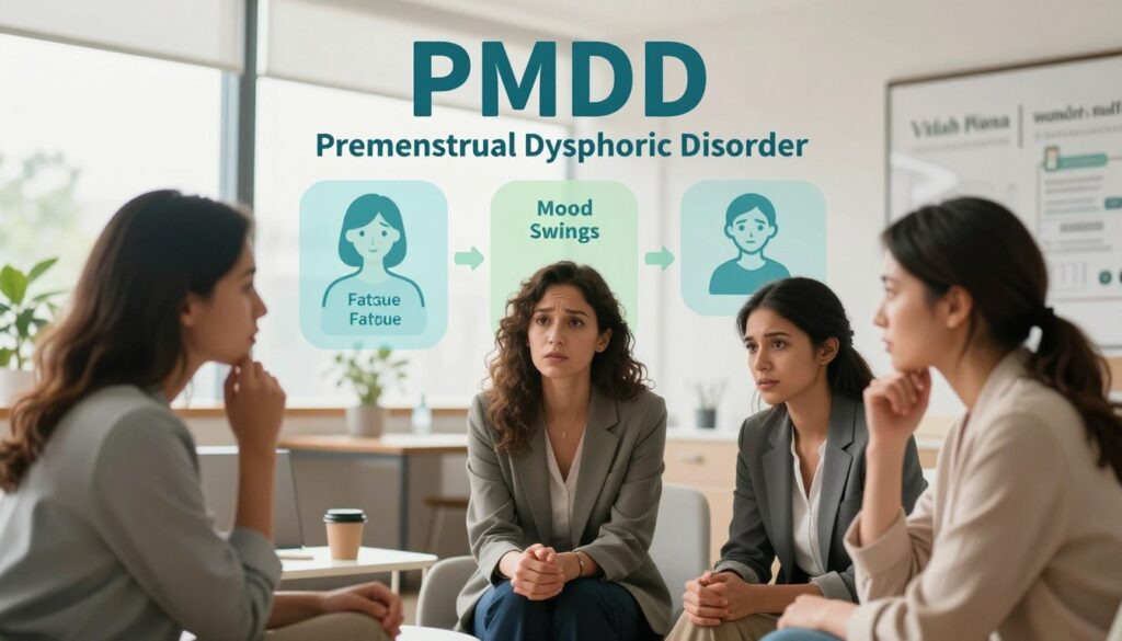A serene and informative medical illustration depicting the concept of PMDD (Premenstrual Dysphoric Disorder). In the foreground, a diverse group of three women in professional business attire, engaged in a thoughtful discussion, showcasing a range of emotions like concern and understanding. The middle layer features a subtle infographic illustrating PMDD symptoms, such as mood swings and fatigue, designed with calming colors like light blues and greens. The background is a softly lit office space, with natural light filtering through large windows, creating a warm and welcoming atmosphere. The image should convey a sense of support and awareness, fitting for a premium medical magazine style. The branding "Vidah Plena | women's health" should be subtly integrated into the design, enhancing the overall professionalism without detracting from the central theme. A serene and informative medical illustration depicting the concept of PMDD (Premenstrual Dysphoric Disorder). In the foreground, a diverse group of three women in professional business attire, engaged in a thoughtful discussion, showcasing a range of emotions like concern and understanding. The middle layer features a subtle infographic illustrating PMDD symptoms, such as mood swings and fatigue, designed with calming colors like light blues and greens. The background is a softly lit office space, with natural light filtering through large windows, creating a warm and welcoming atmosphere. The image should convey a sense of support and awareness, fitting for a premium medical magazine style. The branding "Vidah Plena | women's health" should be subtly integrated into the design, enhancing the overall professionalism without detracting from the central theme.