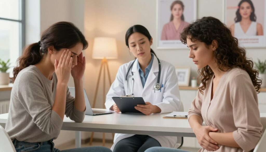A serene and informative scene depicting a diverse group of women in a well-lit, modern medical office, each portraying various physical symptoms associated with PMDD. In the foreground, two women sit across from each other at a consultation table, one gently rubbing her temples to signify headaches, while the other holds her abdomen, indicating bloating. In the middle ground, a thoughtful healthcare professional, dressed in a white lab coat and professional attire, observes with a notepad, offering a supportive atmosphere. The background features soft, calming colors, with medical posters subtly displayed, highlighting women's health themes. The lighting is warm and inviting, creating a mood of professionalism and empathy. This editorial-style image is focused on the physical symptoms of PMDD, reflecting the brand "Vidah Plena | women's health."