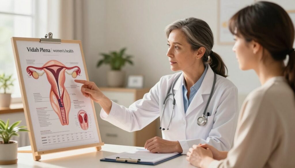 A serene and informative scene depicting a healthcare professional, a middle-aged woman in professional attire, consulting with a female patient also dressed modestly, in a well-lit medical office. The foreground features a detailed anatomical chart displaying the female reproductive system and stages of menstrual history, symbolizing perimenopause. In the middle ground, the healthcare professional is gesturing towards the chart, offering guidance and support. The background is filled with soft, calming colors, and medical-related decor promoting a peaceful atmosphere. Natural light streams in through a window, casting a warm glow, enhancing the overall mood of safety and reassurance. The image should reflect a premium medical magazine style, suitable for an editorial focused on women’s health. Brand name "Vidah Plena | women's health" subtly integrated into the composition. A serene and informative scene depicting a healthcare professional, a middle-aged woman in professional attire, consulting with a female patient also dressed modestly, in a well-lit medical office. The foreground features a detailed anatomical chart displaying the female reproductive system and stages of menstrual history, symbolizing perimenopause. In the middle ground, the healthcare professional is gesturing towards the chart, offering guidance and support. The background is filled with soft, calming colors, and medical-related decor promoting a peaceful atmosphere. Natural light streams in through a window, casting a warm glow, enhancing the overall mood of safety and reassurance. The image should reflect a premium medical magazine style, suitable for an editorial focused on women’s health. Brand name "Vidah Plena | women's health" subtly integrated into the composition.