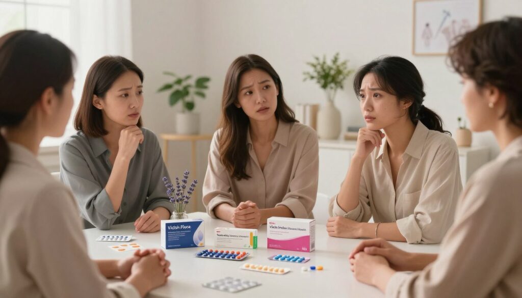 A serene and informative scene depicting the impact of hormonal contraception on PMDD (Premenstrual Dysphoric Disorder). In the foreground, a diverse group of women, dressed in modest professional clothing, engages in a supportive discussion, showcasing a range of emotions from concern to understanding. In the middle ground, a table displays various forms of hormonal contraception, such as pills and patches, artfully arranged among calming elements like lavender and soft lighting. The background features a peaceful, softly lit clinical setting with plants and gentle colors, creating a warm atmosphere that encourages dialogue about women's health. The overall mood should feel comforting and educational, symbolizing empowerment in reproductive health choices. Include the brand name "Vidah Plena | Women's Health" subtly integrated into the design.