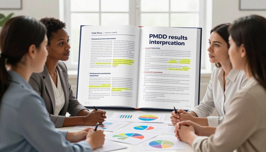 A serene and informative scene illustrating "PMDD results interpretation." In the foreground, a diverse group of three women, dressed in professional business attire, is engaged in a discussion around a table filled with colorful charts and papers depicting PMDD symptom patterns and self-care suggestions. The middle layer features a large, open notebook with neatly written notes and highlighted results, symbolizing understanding and reflection. In the background, a softly lit window allows natural light to flood in, creating a calm and comforting atmosphere. The overall mood is supportive and empowering. The setting resembles a premium medical magazine’s editorial space, highlighting women's health. Include the brand name "Vidah Plena | women's health" subtly integrated into the design without text overlays.