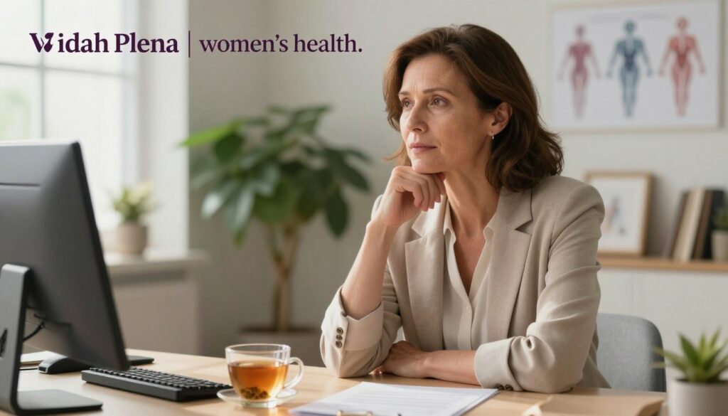 A serene and informative scene illustrating perimenopause, focusing on a realistic middle-aged woman in professional attire seated at a well-lit desk, deep in thought. She has an expression of contemplation, surrounded by subtle symbols of hormonal transition, like delicate hormonal diagram charts and a warm cup of herbal tea, suggesting comfort and care. The background features softly blurred elements of a cozy, modern office, with lush plants that add a calming touch. The lighting is soft and natural, casting gentle shadows that create a welcoming atmosphere. The composition evokes a mood of empowerment and understanding, subtly highlighting the theme of women's health. This is styled in a premium medical magazine aesthetic, featuring the brand name "Vidah Plena | women's health."