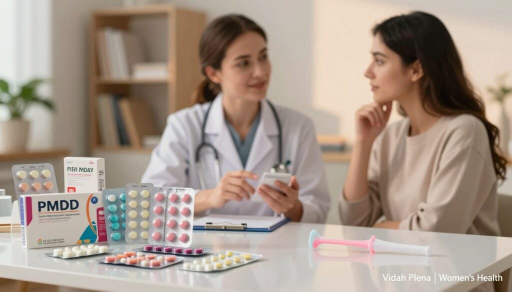 A serene and informative scene illustrating various types of birth control for PMDD, prominently featuring an organized display of pills, a patch, and an intrauterine device (IUD) on a reflective surface. In the foreground, a close-up view of colorful birth control pill packs arranged aesthetically, showcasing different brands and types. In the middle ground, a friendly, professional healthcare provider in modest business attire is attentively explaining the options to a young woman, who appears engaged and thoughtful. The background features soft, warm lighting that creates a calm, supportive atmosphere, with blurred medical books and a plant adding a touch of tranquility. This image should evoke a sense of empowerment and informed choice in women's health, branded subtly with “Vidah Plena | Women's Health” in the corner.