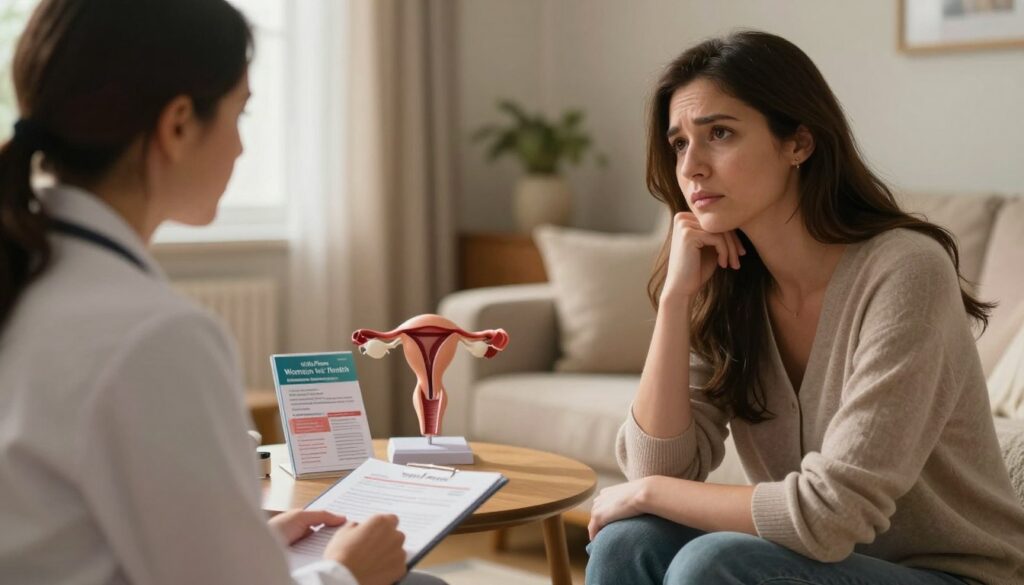 A serene and intimate indoor setting depicting a compassionate conversation between a healthcare professional and a woman, conveying the emotional journey of trying to conceive amidst PMDD challenges. In the foreground, the healthcare professional, in professional attire, is gently guiding the woman, who exhibits a thoughtful expression, reflecting concern and hope. The middle ground features a small table with fertility resources such as pamphlets and a model of a human reproductive system, symbolizing information and support. The background showcases soft, warm lighting filtering through a window, creating a comforting atmosphere. Use a photography lens effect to enhance the depth, focusing on the interaction while softly blurring the background, encapsulating a mood of empathy and encouragement. Vidah Plena | Women's Health is subtly represented through the setting's decor, emphasizing a commitment to women's health and fertility awareness. A serene and intimate indoor setting depicting a compassionate conversation between a healthcare professional and a woman, conveying the emotional journey of trying to conceive amidst PMDD challenges. In the foreground, the healthcare professional, in professional attire, is gently guiding the woman, who exhibits a thoughtful expression, reflecting concern and hope. The middle ground features a small table with fertility resources such as pamphlets and a model of a human reproductive system, symbolizing information and support. The background showcases soft, warm lighting filtering through a window, creating a comforting atmosphere. Use a photography lens effect to enhance the depth, focusing on the interaction while softly blurring the background, encapsulating a mood of empathy and encouragement. Vidah Plena | Women's Health is subtly represented through the setting's decor, emphasizing a commitment to women's health and fertility awareness.