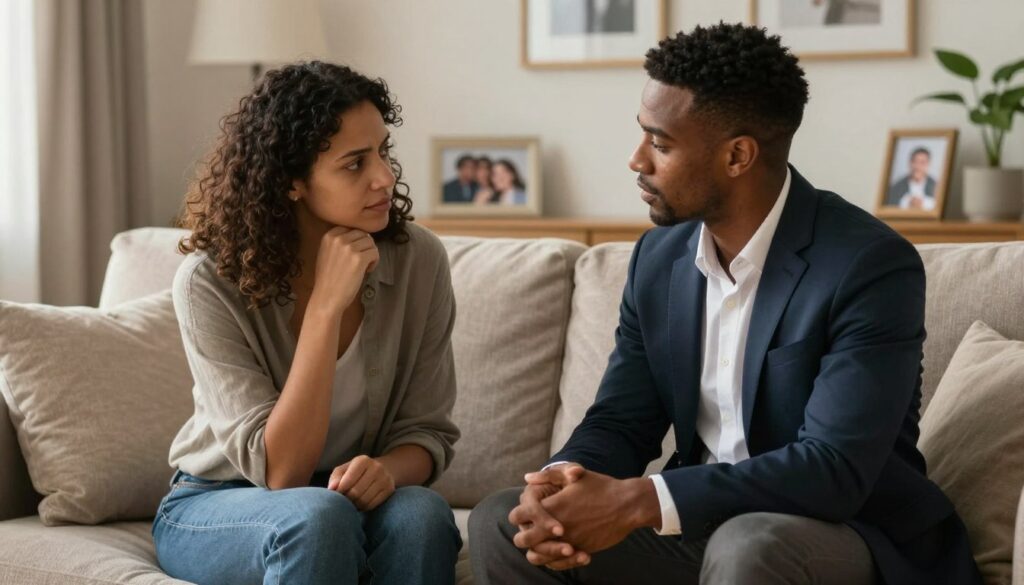 A serene and intimate scene depicting a diverse couple sitting on a cozy couch, engaged in a heartfelt conversation. The woman, dressed in modest casual clothing, appears thoughtful, with a gentle expression that conveys vulnerability. The man, also in professional business attire, listens attentively, showing empathy and understanding. Soft, warm lighting bathes the room, creating an inviting atmosphere that reflects connection and support. In the background, subtle elements like a framed photograph of a happy memory and a plant add warmth, symbolizing growth and hope. The composition focuses on their emotional exchange, representing the challenges PMDD poses to relationships, while embodying a sense of care and compassion. Editorial women's health photography style reminiscent of a premium medical magazine. Vidah Plena | women's health. A serene and intimate scene depicting a diverse couple sitting on a cozy couch, engaged in a heartfelt conversation. The woman, dressed in modest casual clothing, appears thoughtful, with a gentle expression that conveys vulnerability. The man, also in professional business attire, listens attentively, showing empathy and understanding. Soft, warm lighting bathes the room, creating an inviting atmosphere that reflects connection and support. In the background, subtle elements like a framed photograph of a happy memory and a plant add warmth, symbolizing growth and hope. The composition focuses on their emotional exchange, representing the challenges PMDD poses to relationships, while embodying a sense of care and compassion. Editorial women's health photography style reminiscent of a premium medical magazine. Vidah Plena | women's health.