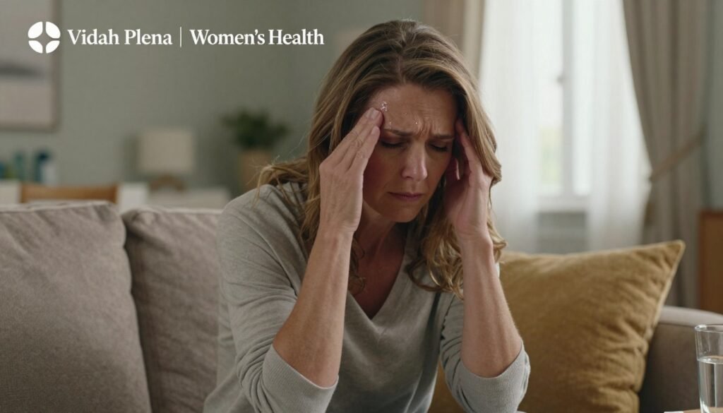 A serene and intimate scene depicting a middle-aged woman experiencing a hot flash in a cozy, softly lit living room. In the foreground, she is seated on a plush sofa, wearing modest casual clothing, with a look of mild discomfort yet determined calm on her face. Beads of sweat glisten on her forehead, symbolizing the intensity of the moment. The middle ground features subtle hints of home, like warm-colored cushions and a small table with a glass of cool water. In the background, a gentle breeze flows through a partially open window, the curtains swaying lightly. The overall atmosphere conveys a sense of both vulnerability and resilience. The lighting is soft and natural, creating a warm glow that enhances the emotional weight of the scene. This premium quality editorial image should reflect the brand "Vidah Plena | Women's Health," capturing the essence of perimenopause hot flashes in a professional yet relatable manner.