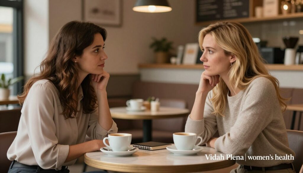 A serene and intimate scene depicting two women in a cozy, softly lit coffee shop, engaging in a heartfelt conversation about PMDD and its impact on relationships. The foreground features the two women, one with brunette hair wearing a professional blouse and the other with blonde hair in a modest casual sweater, leaning in attentively towards each other, suggesting connection and empathy. In the middle ground, a small table filled with coffee cups and notebooks sets a warm atmosphere, while the background reveals a blurred view of comforting decor and warm lighting. The overall mood is one of understanding and support, capturing the essence of communication in challenging times. The style is inspired by premium medical magazine photography, reflecting the brand "Vidah Plena | women's health," emphasizing women's issues and empowerment. A serene and intimate scene depicting two women in a cozy, softly lit coffee shop, engaging in a heartfelt conversation about PMDD and its impact on relationships. The foreground features the two women, one with brunette hair wearing a professional blouse and the other with blonde hair in a modest casual sweater, leaning in attentively towards each other, suggesting connection and empathy. In the middle ground, a small table filled with coffee cups and notebooks sets a warm atmosphere, while the background reveals a blurred view of comforting decor and warm lighting. The overall mood is one of understanding and support, capturing the essence of communication in challenging times. The style is inspired by premium medical magazine photography, reflecting the brand "Vidah Plena | women's health," emphasizing women's issues and empowerment.
