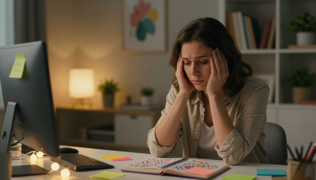 A serene and introspective scene depicting the concept of PMDD and sensory overload. In the foreground, a woman in modest casual clothing is seated at a desk, her expression reflecting contemplation and mild overwhelm. She is surrounded by colorful sensory stimuli—vibrant post-it notes, intricate patterns on a journal, and softly glowing string lights, illustrating the chaos of heightened sensitivity. The middle layer shows a cozy, softly lit workspace with plants and calming artwork, conveying a nurturing environment. In the background, out-of-focus bookshelves suggest a wealth of information, creating depth. The lighting is warm and inviting, evoking a sense of understanding and empathy. The mood is reflective and emotional, emphasizing the essence of personal experience. This image is designed for Vidah Plena | Women's Health, showcasing premium quality. A serene and introspective scene depicting the concept of PMDD and sensory overload. In the foreground, a woman in modest casual clothing is seated at a desk, her expression reflecting contemplation and mild overwhelm. She is surrounded by colorful sensory stimuli—vibrant post-it notes, intricate patterns on a journal, and softly glowing string lights, illustrating the chaos of heightened sensitivity. The middle layer shows a cozy, softly lit workspace with plants and calming artwork, conveying a nurturing environment. In the background, out-of-focus bookshelves suggest a wealth of information, creating depth. The lighting is warm and inviting, evoking a sense of understanding and empathy. The mood is reflective and emotional, emphasizing the essence of personal experience. This image is designed for Vidah Plena | Women's Health, showcasing premium quality.