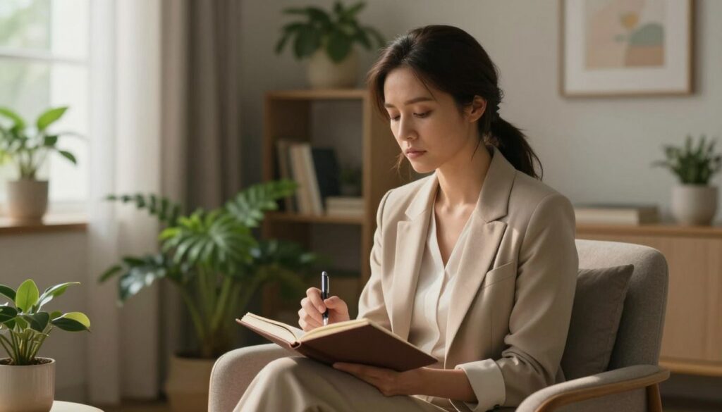 A serene and introspective scene illustrating the effects of menstrual mood symptoms. In the foreground, a woman in her late 20s, dressed in professional casual attire, sits on a comfortable chair, with a contemplative expression, holding a journal and pen. Her posture suggests reflection and self-care. In the middle ground, a softly lit room features calming colors, with lush plants and gentle light filtering through a window, creating a warm atmosphere. In the background, tasteful decorative elements like a bookshelf and gentle art on the walls contribute to a sense of tranquility. The lighting is soft and diffused, reminiscent of early morning light, enhancing the peaceful mood. Editorial women's health photography style, premium medical magazine aesthetic. Vidah Plena | women's health. A serene and introspective scene illustrating the effects of menstrual mood symptoms. In the foreground, a woman in her late 20s, dressed in professional casual attire, sits on a comfortable chair, with a contemplative expression, holding a journal and pen. Her posture suggests reflection and self-care. In the middle ground, a softly lit room features calming colors, with lush plants and gentle light filtering through a window, creating a warm atmosphere. In the background, tasteful decorative elements like a bookshelf and gentle art on the walls contribute to a sense of tranquility. The lighting is soft and diffused, reminiscent of early morning light, enhancing the peaceful mood. Editorial women's health photography style, premium medical magazine aesthetic. Vidah Plena | women's health.