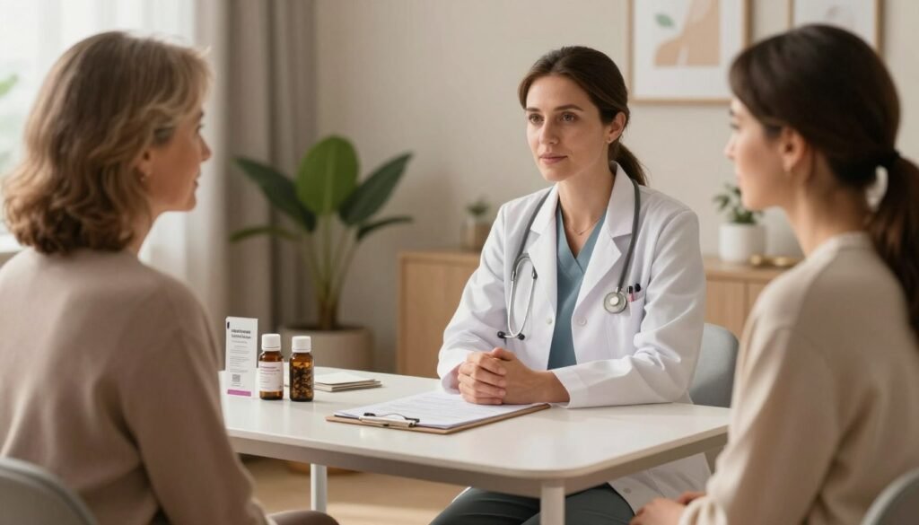 A serene and inviting clinic setting focused on women’s health, featuring an empathetic female healthcare professional in professional business attire, engaging with a middle-aged woman experiencing perimenopause. The foreground shows their conversation with soft, warm lighting highlighting their expressions, conveying trust and understanding. In the middle, a sleek, modern consultation table is adorned with health pamphlets and herbal supplements, subtly suggesting the benefits of hormone therapy. The background reveals a calming environment with soft earth tones, plants, and framed artwork, enhancing the mood of support and empowerment. The image should evoke a sense of hope and professionalism, symbolizing the science-backed benefits of hormone therapy for perimenopause. High-definition, realistic style, capturing emotional connection and premium quality. Vidah Plena | Women's Health.