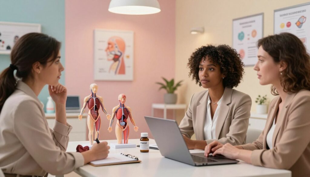 A serene and inviting medical consultation room, featuring a diverse group of three women in professional business attire, seated around a sleek table with a notepad and a laptop open, discussing PMDD medications. The foreground shows the women engaged in conversation, with expressions of curiosity and understanding. In the middle, a small model of the human hormonal system is placed on the table, symbolizing hormonal balance, alongside a bottle of PMDD medication. The background displays calming pastel colors and medical charts on the walls, softly lit by warm overhead lights. The atmosphere conveys hope and empowerment, capturing the essence of women's health discussions. The style is reminiscent of a premium medical magazine, depicting an editorial feel for Vidah Plena | women's health.