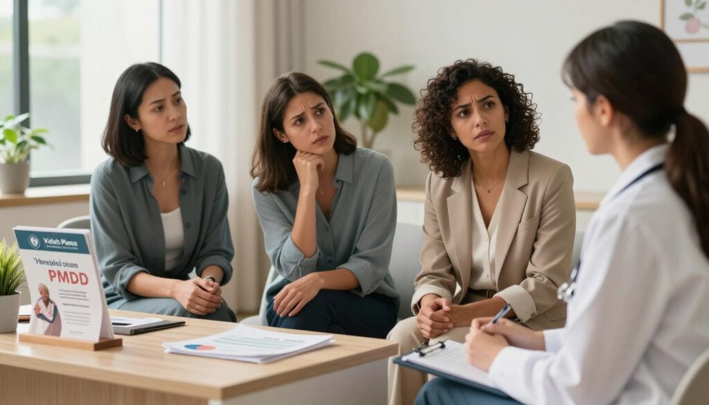 A serene and inviting medical office setting, featuring a diverse group of two women in professional business attire, engaged in a consultation with a caring, empathetic female healthcare provider. The foreground includes a welcoming desk with health brochures about PMDD and lifestyle changes. In the middle ground, the women are seated, expressing concern and hope as they discuss their symptoms. The background showcases calming colors, soft lighting, and a few plants to create a soothing atmosphere. The image is lit with natural light coming through a window, highlighting the attentive expressions on the women’s faces. The overall mood is supportive and reassuring, embodying the theme of seeking medical help for PMDD. This is styled in a premium editorial women's health magazine format, branded "Vidah Plena | women's health."