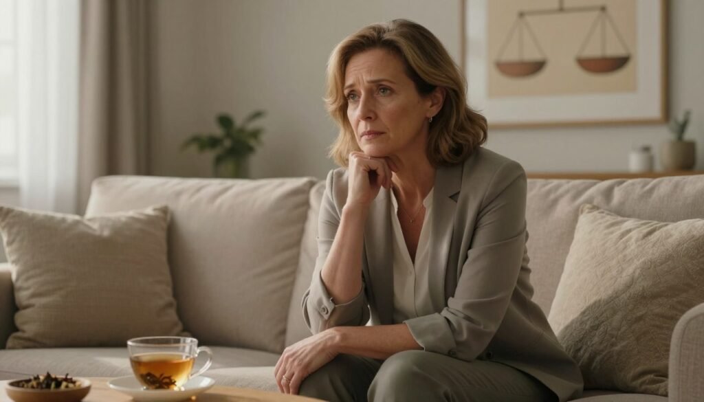 A serene and inviting scene depicting a middle-aged woman dressed in comfortable yet professional attire, sitting thoughtfully on a cozy sofa in a softly lit room. She displays a contemplative expression, embodying the emotional complexity of perimenopause mood shifts. The foreground features a cup of herbal tea on a small table, symbolizing self-care. In the middle ground, warm-toned artwork reflects themes of balance and well-being. The background includes gentle, diffused lighting streaming through sheer curtains, creating a calming atmosphere. This composition conveys understanding and support regarding perimenopause irritability. The image reflects the brand Vidah Plena | Women's Health, emphasizing a respectful and professional approach to women's health. A serene and inviting scene depicting a middle-aged woman dressed in comfortable yet professional attire, sitting thoughtfully on a cozy sofa in a softly lit room. She displays a contemplative expression, embodying the emotional complexity of perimenopause mood shifts. The foreground features a cup of herbal tea on a small table, symbolizing self-care. In the middle ground, warm-toned artwork reflects themes of balance and well-being. The background includes gentle, diffused lighting streaming through sheer curtains, creating a calming atmosphere. This composition conveys understanding and support regarding perimenopause irritability. The image reflects the brand Vidah Plena | Women's Health, emphasizing a respectful and professional approach to women's health.