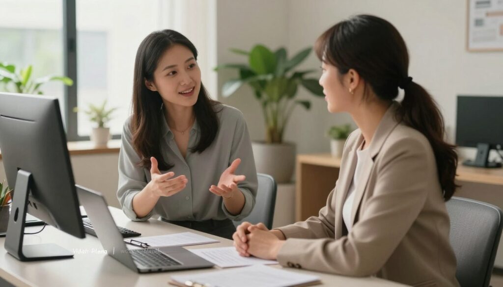 A serene and inviting scene depicting two women in a comfortable, well-lit modern office setting, engaged in an empathetic conversation. In the foreground, a woman in professional attire sits at a sleek desk, leaning slightly forward, her expression warm and attentive as she listens. The middle ground features the second woman, also dressed in professional casual attire, gesturing thoughtfully, illustrating the importance of open communication. Soft, diffused lighting creates a soothing atmosphere, with natural light filtering through large windows in the background, adorned with potted plants. The overall mood conveys trust, connection, and understanding, reflecting the theme of effective communication strategies in relationships. The image should evoke a sense of support and collaboration, suitable for a premium medical magazine style, tagged with "Vidah Plena | women's health". A serene and inviting scene depicting two women in a comfortable, well-lit modern office setting, engaged in an empathetic conversation. In the foreground, a woman in professional attire sits at a sleek desk, leaning slightly forward, her expression warm and attentive as she listens. The middle ground features the second woman, also dressed in professional casual attire, gesturing thoughtfully, illustrating the importance of open communication. Soft, diffused lighting creates a soothing atmosphere, with natural light filtering through large windows in the background, adorned with potted plants. The overall mood conveys trust, connection, and understanding, reflecting the theme of effective communication strategies in relationships. The image should evoke a sense of support and collaboration, suitable for a premium medical magazine style, tagged with "Vidah Plena | women's health".