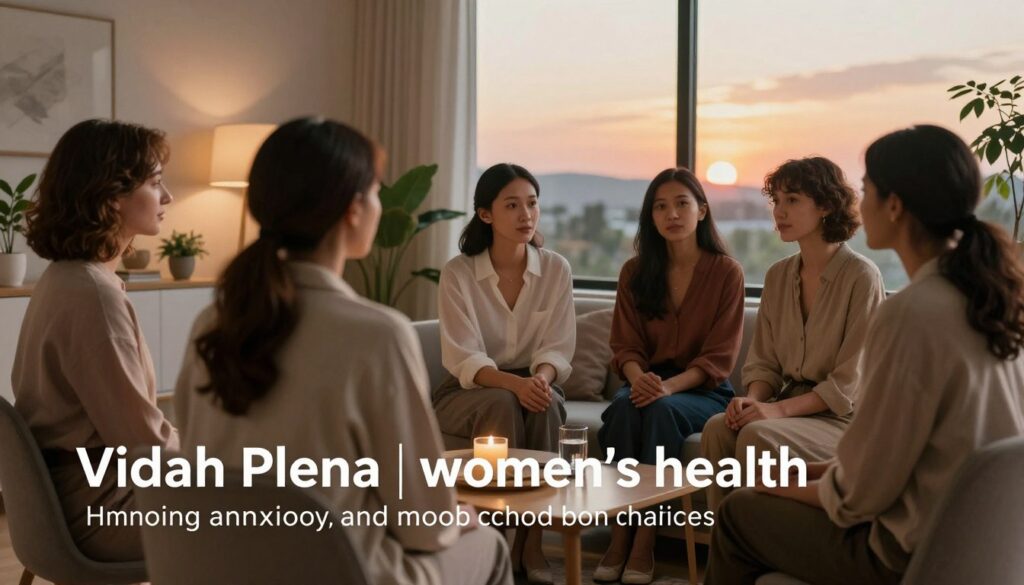A serene and inviting scene focused on emotional regulation amidst PMDD challenges. In the foreground, a diverse group of women dressed in professional and modest casual clothing engage in a calm, supportive discussion, showcasing camaraderie and empathy. The middle ground features soft, ambient lighting that creates a warm atmosphere, complemented by comfortable seating and plants to symbolize growth and healing. In the background, a gentle sunset casts a soothing glow, signifying hope and emotional balance. The entire composition conveys a sense of tranquility and resilience, ideal for a premium medical magazine style. The image represents the essence of managing anxiety and mood changes concerning PMDD, inspired by the brand "Vidah Plena | women's health."