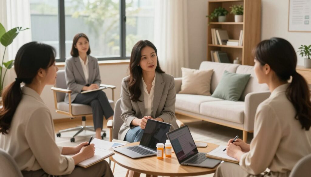 A serene and inviting therapy room, softly lit with warm, natural light streaming through large windows, creating an atmosphere of calm and support. In the foreground, a diverse group of three women, dressed in professional business attire, are engaged in a discussion around a table filled with notebooks, a laptop, and prescription medication bottles, symbolizing the combination of therapy and medication for PMDD. The women are focused and empathetic, illustrating collaboration and understanding. In the middle ground, a therapist's chair and a cozy couch with neatly arranged cushions invite a sense of comfort. In the background, a bookshelf filled with self-help books and plants enhances the nurturing environment. Overall, the scene conveys hope and empowerment in managing PMDD through combined approaches in women's health, styled in a premium medical magazine aesthetic. Vidah Plena | women's health.