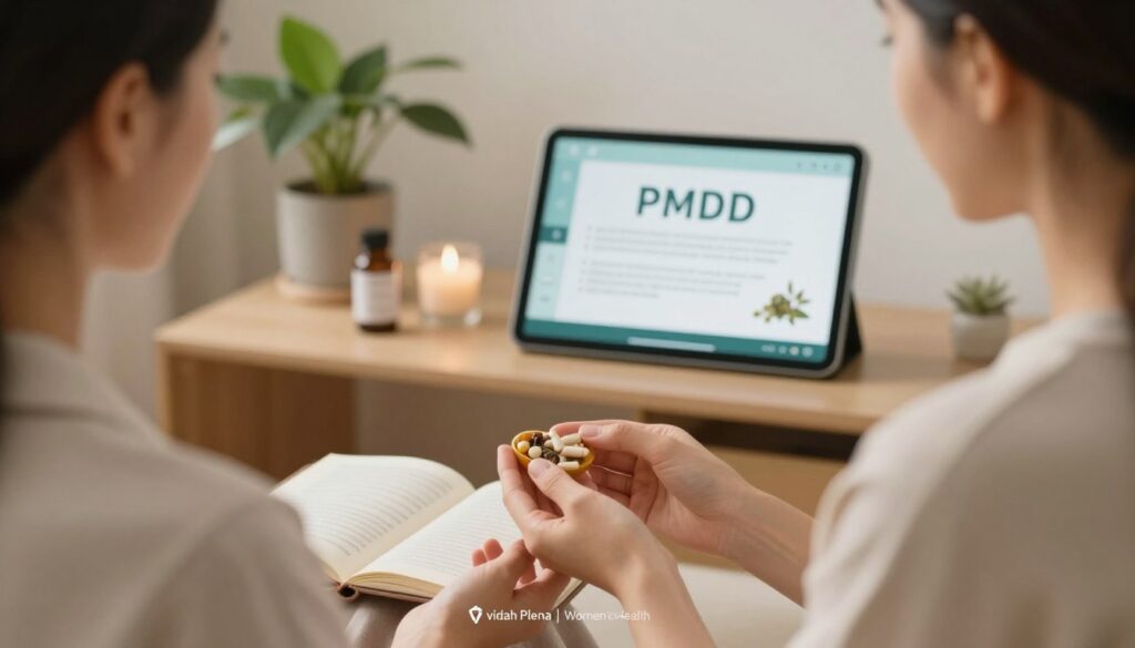 A serene and inviting wellness setting featuring a professional woman in modest casual clothing, engaged in PMDD treatment. In the foreground, a close-up of her hands holding a holistic remedy, like herbal supplements or a journal, symbolizing self-care. In the middle ground, a comforting and softly lit therapy room with plants and calming décor, conveying a sense of tranquility and focus on mental health. In the background, display an open book or digital tablet showing information on PMDD treatment options, emphasizing educational support. The atmosphere feels warm and empathetic, promoting a sense of hope. The lighting is soft and natural, creating a peaceful mood, with a shallow depth of field for a premium quality look. Vidah Plena | Women's Health logo subtly integrated into the scene. A serene and inviting wellness setting featuring a professional woman in modest casual clothing, engaged in PMDD treatment. In the foreground, a close-up of her hands holding a holistic remedy, like herbal supplements or a journal, symbolizing self-care. In the middle ground, a comforting and softly lit therapy room with plants and calming décor, conveying a sense of tranquility and focus on mental health. In the background, display an open book or digital tablet showing information on PMDD treatment options, emphasizing educational support. The atmosphere feels warm and empathetic, promoting a sense of hope. The lighting is soft and natural, creating a peaceful mood, with a shallow depth of field for a premium quality look. Vidah Plena | Women's Health logo subtly integrated into the scene.