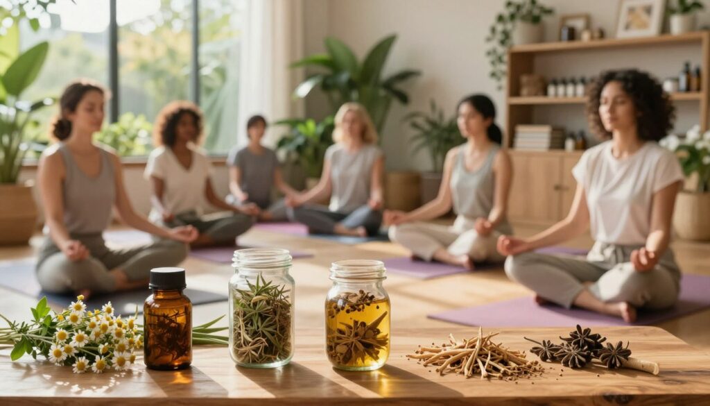 A serene and inviting wellness space filled with natural elements symbolizing treatments for PMDD. In the foreground, a variety of vibrant herbal remedies, such as chamomile and valerian root, arranged aesthetically on a wooden table. A peaceful scene featuring a diverse group of women in modest casual clothing practicing mindfulness through yoga or meditation in the middle ground. Soft sunlight filters through large windows, casting warm glows and gentle shadows that enhance the calming atmosphere. In the background, lush green plants create a soothing environment, while a shelf displays wellness books and essential oils, subtly conveying a holistic approach. The overall mood is balanced, tranquil, and uplifting, embodying the essence of natural health. Editorial women’s health photography style, premium medical magazine quality. Vidah Plena | women's health. A serene and inviting wellness space filled with natural elements symbolizing treatments for PMDD. In the foreground, a variety of vibrant herbal remedies, such as chamomile and valerian root, arranged aesthetically on a wooden table. A peaceful scene featuring a diverse group of women in modest casual clothing practicing mindfulness through yoga or meditation in the middle ground. Soft sunlight filters through large windows, casting warm glows and gentle shadows that enhance the calming atmosphere. In the background, lush green plants create a soothing environment, while a shelf displays wellness books and essential oils, subtly conveying a holistic approach. The overall mood is balanced, tranquil, and uplifting, embodying the essence of natural health. Editorial women’s health photography style, premium medical magazine quality. Vidah Plena | women's health.