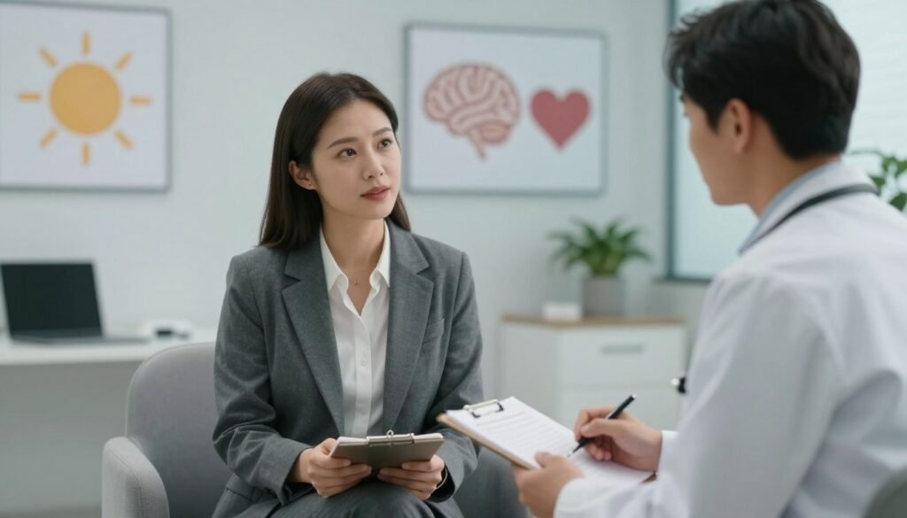 High-Functioning ADHD in Women: Success, Struggles, and Hidden Symptoms 4 A serene and modern clinical office with soft lighting, featuring a woman talking comfortably with a specialist while holding a notebook, with icons of a sun, a brain, and a heart subtly integrated into the background art.