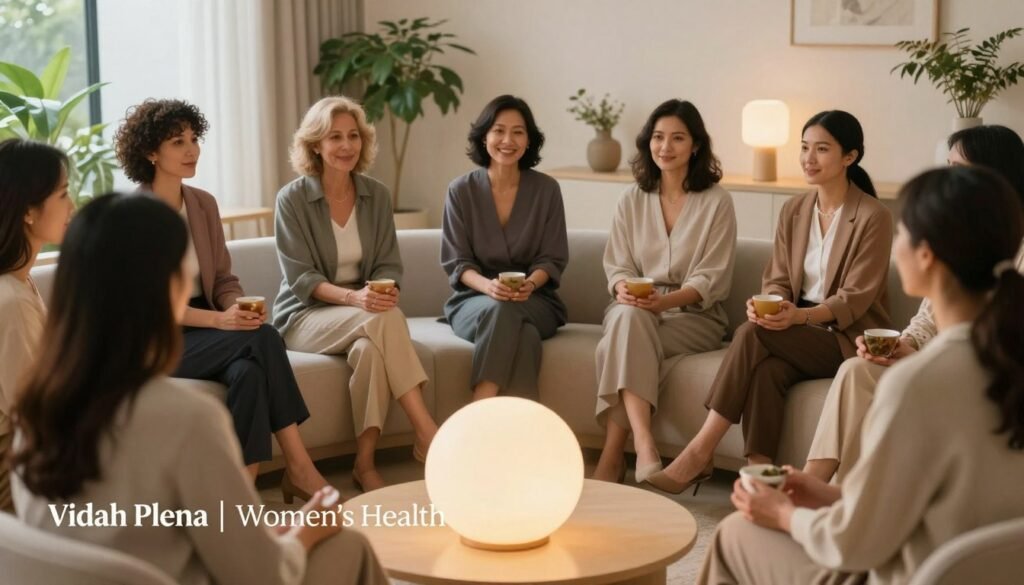Perimenopause Treatment: Evidence-Based Options That Work 6 A serene and modern wellness center interior, focusing on a diverse group of women engaging in a supportive circle to manage mood symptoms during perimenopause. In the foreground, a middle-aged woman in smart casual attire, with a comforting smile, is leading a discussion while holding a herbal tea cup. Surrounding her, diverse women of various ethnicities, dressed in professional business attire or modest casual clothing, are actively listening and sharing experiences. In the middle ground, a soft glowing light enhances the atmosphere, emphasizing warmth and empathy. The background features calming natural elements like indoor plants and soothing wall colors, creating a tranquil environment. The image conveys a mood of support, connection, and mental health empowerment. Editorial women’s health photography style with high-quality realism. Logo of "Vidah Plena | Women's Health" subtly integrated into the design.