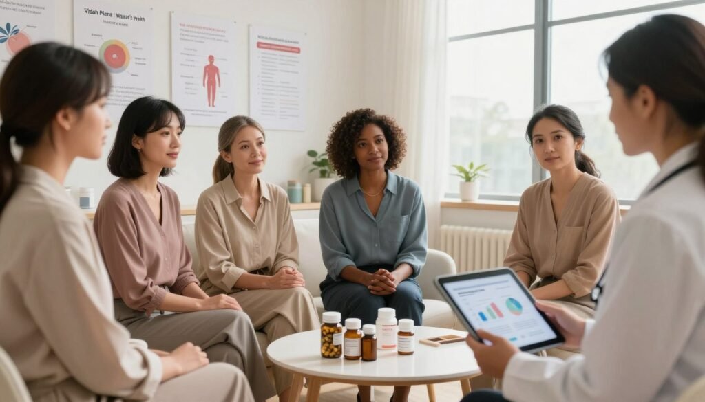 Perimenopause Mood Swings: Why They Happen and How to Cope 3 A serene and professional consultation scene in a bright, modern clinic focused on menopause treatment options. In the foreground, a diverse group of women in modest, professional attire are discussing treatment plans with a healthcare provider, who is holding a tablet displaying graphs and information. In the middle, various evidence-based treatment options are visually represented by illustrated charts and diagrams on a nearby wall, along with herbal supplements and prescription medication bottles arranged neatly on a table. The background features a large window letting in soft, natural light that enhances the warm, caring atmosphere. The overall mood is supportive and informative, reflecting empowerment in women's health. The brand name "Vidah Plena | Women's Health" is subtly integrated into the design.
