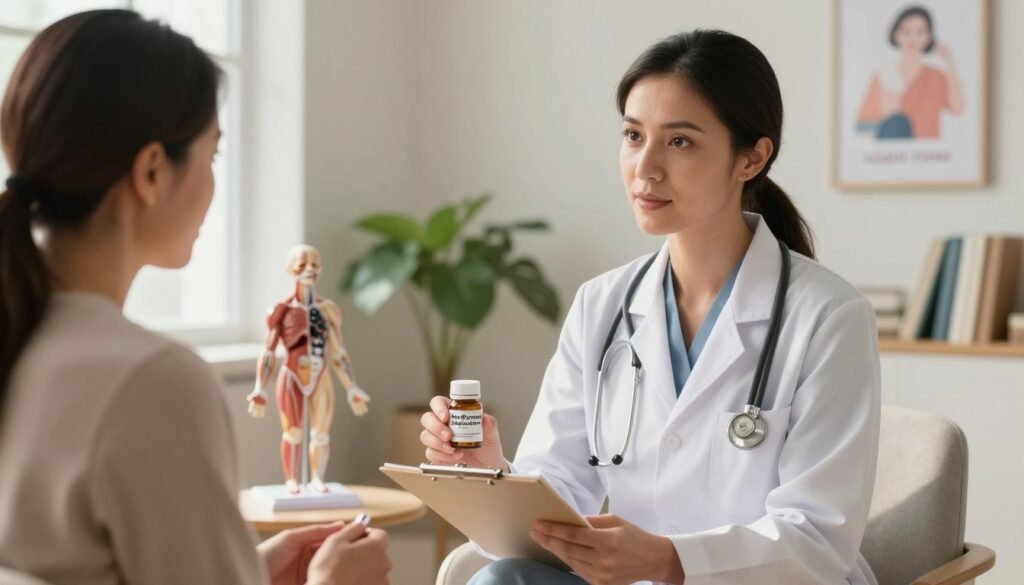 A serene and professional healthcare setting showing a confident female doctor in modest business attire, discussing treatment options with a middle-aged woman experiencing hot flashes. The foreground features a close-up of the doctor's hands holding a prescription pad and a pill bottle labeled “Non-Hormonal Medications.” In the middle background, an anatomical model representing hormonal balance and a calming plant add visual interest. Soft, diffused natural light streams through a large window, creating a warm and inviting atmosphere. The background includes shelves with health books and a motivational poster about women’s health. The overall mood conveys a sense of support, knowledge, and empowerment in navigating perimenopause with a focus on evidence-based options. Vidah Plena | Women's Health is subtly integrated into the scene, reflecting a premium quality and emotional connection to women's health issues. A serene and professional healthcare setting showing a confident female doctor in modest business attire, discussing treatment options with a middle-aged woman experiencing hot flashes. The foreground features a close-up of the doctor's hands holding a prescription pad and a pill bottle labeled “Non-Hormonal Medications.” In the middle background, an anatomical model representing hormonal balance and a calming plant add visual interest. Soft, diffused natural light streams through a large window, creating a warm and inviting atmosphere. The background includes shelves with health books and a motivational poster about women’s health. The overall mood conveys a sense of support, knowledge, and empowerment in navigating perimenopause with a focus on evidence-based options. Vidah Plena | Women's Health is subtly integrated into the scene, reflecting a premium quality and emotional connection to women's health issues.