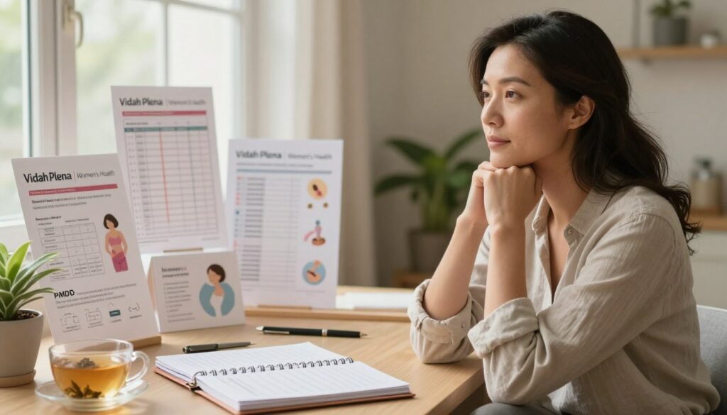 A serene and professional image depicting a thoughtful woman in her 30s, dressed in modest casual clothing, sitting at a desk surrounded by fertility and wellness resources. In the foreground, there is a beautifully arranged planner and a cup of herbal tea, symbolizing self-care during PMDD. In the middle ground, display a variety of fertility charts and illustrations, softly illuminated by natural light coming through a window, creating an inviting atmosphere. The background features a warm, neutral-toned space with indoor plants, contributing to a calm ambiance. The overall mood should feel supportive and encouraging, capturing the essence of empowerment in women's health. The image should reflect the brand identity of "Vidah Plena | Women's Health," emphasizing a holistic approach to PMDD and fertility. A serene and professional image depicting a thoughtful woman in her 30s, dressed in modest casual clothing, sitting at a desk surrounded by fertility and wellness resources. In the foreground, there is a beautifully arranged planner and a cup of herbal tea, symbolizing self-care during PMDD. In the middle ground, display a variety of fertility charts and illustrations, softly illuminated by natural light coming through a window, creating an inviting atmosphere. The background features a warm, neutral-toned space with indoor plants, contributing to a calm ambiance. The overall mood should feel supportive and encouraging, capturing the essence of empowerment in women's health. The image should reflect the brand identity of "Vidah Plena | Women's Health," emphasizing a holistic approach to PMDD and fertility.