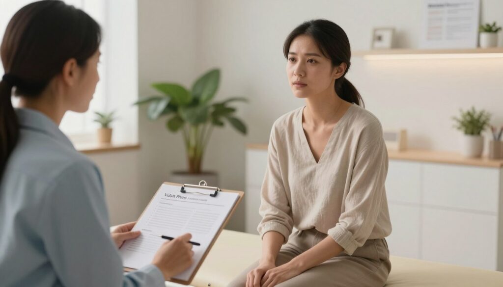 A serene and professional medical consultation scene featuring a woman in her 30s, sitting on a medical examination table, dressed in modest casual clothing, with a focused expression. In the foreground, a compassionate medical professional, also in business attire, gestures gently as they discuss the woman's symptoms. In the middle, a clipboard with organized notes and a calming, soft color palette exudes warmth and understanding. In the background, a well-lit modern medical office with plant accents and soft ambient lighting creates a soothing atmosphere. The overall mood conveys a safe, reassuring environment for seeking help with PMDD, styled in premium editorial women's health photography. This scene embodies the essence of "Vidah Plena | women's health", emphasizing professionalism and empathy.