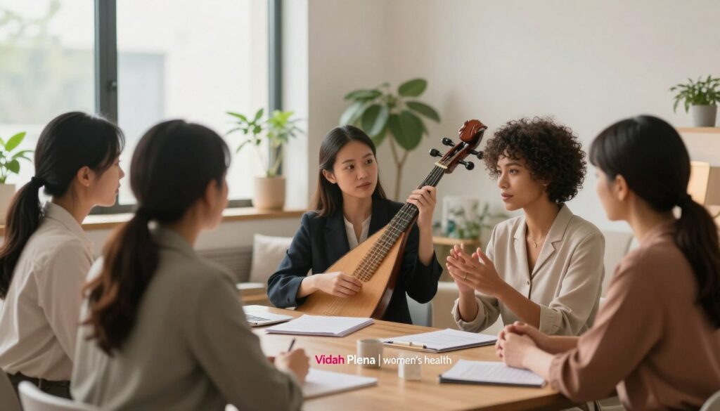 A serene and professional scene illustrating the luteal phase of the menstrual cycle, focusing on a realistic, diverse group of women in the foreground, dressed in professional business attire. They engage in a thoughtful discussion around a table, surrounded by natural light streaming in from large windows. The middle ground features a soft, blurred background of a cozy office or consultation room with green plants and calming colors, symbolizing wellness and support. Warm, ambient lighting creates a balanced atmosphere, while the overall composition evokes a sense of empowerment and understanding. The image should adhere to a premium medical magazine style, reflecting the brand "Vidah Plena | women's health" with clarity and professionalism.