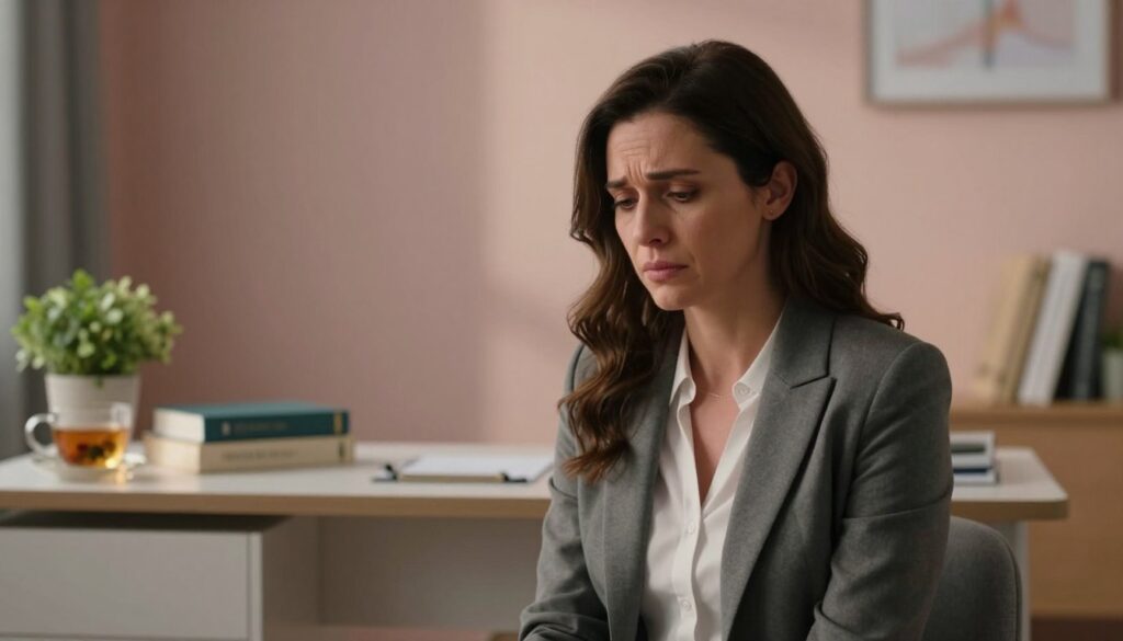 A serene and reflective scene illustrating the symptoms of PMDD, featuring a realistic woman in professional attire, seated in a softly lit medical office environment. In the foreground, she appears contemplative, with gentle expressions of discomfort and emotional strain depicted on her face, subtle shadows accentuating her features. The middle ground includes a stylish desk with medical books and a few comforting objects like a plant and a cup of herbal tea, symbolizing care and support. The background showcases a calming wall with soft pastel colors, suggesting a professional yet comforting atmosphere. The lighting is warm and inviting, creating a sense of peace but also highlighting the complexity of PMDD symptoms. Vidah Plena | women's health.