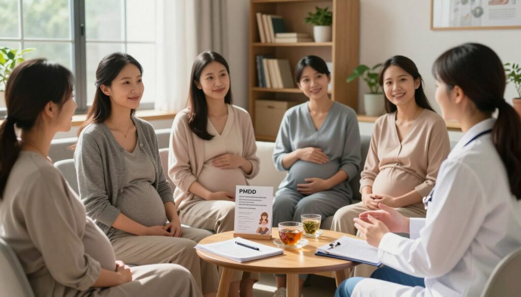 A serene and supportive atmosphere highlighting treatment considerations during pregnancy. In the foreground, a diverse group of pregnant women in professional business attire, appearing engaged in a discussion with a healthcare professional, who wears a lab coat and is providing guidance. The women are sitting in a comfortable, well-lit consultation room with soft natural light filtering through large windows, casting gentle shadows. In the middle, a table displays pamphlets about PMDD and pregnancy management, alongside soothing herbal teas and a notebook with a pen. In the background, shelves filled with medical books and plants create a calm, inviting environment. The overall mood is reassuring and hopeful, emphasizing women's health and wellness. Editorial style in high resolution, suitable for a premium medical magazine. Vidah Plena | women's health. A serene and supportive atmosphere highlighting treatment considerations during pregnancy. In the foreground, a diverse group of pregnant women in professional business attire, appearing engaged in a discussion with a healthcare professional, who wears a lab coat and is providing guidance. The women are sitting in a comfortable, well-lit consultation room with soft natural light filtering through large windows, casting gentle shadows. In the middle, a table displays pamphlets about PMDD and pregnancy management, alongside soothing herbal teas and a notebook with a pen. In the background, shelves filled with medical books and plants create a calm, inviting environment. The overall mood is reassuring and hopeful, emphasizing women's health and wellness. Editorial style in high resolution, suitable for a premium medical magazine. Vidah Plena | women's health.
