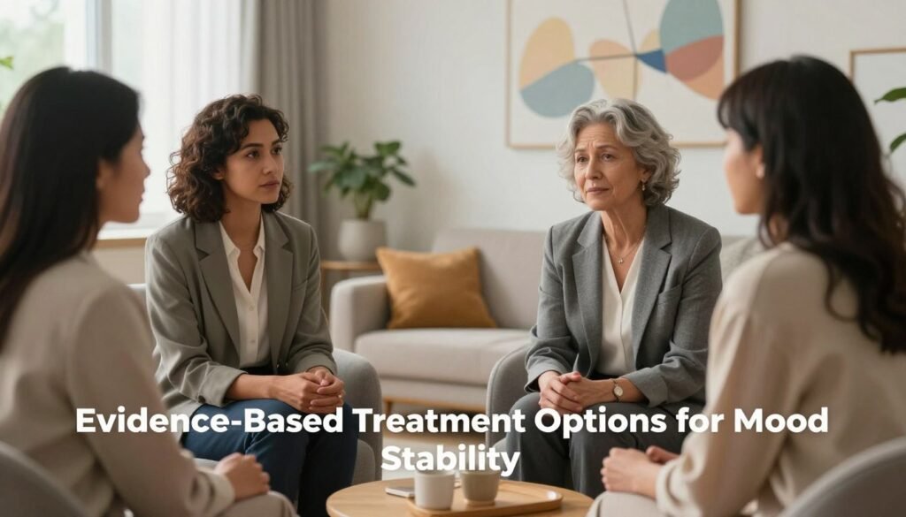 Perimenopause Depression: Symptoms, Causes, and Treatment 1 A serene and supportive environment illustrating mood stability during menopause. In the foreground, a diverse group of three women of varying ages, dressed in professional business attire, engage in a compassionate discussion, exhibiting thoughtful expressions. In the middle, a cozy, well-lit counseling room with soft, natural lighting, featuring comfortable seating and calming colors, suggests a safe space for emotional exploration. In the background, subtle abstract art representing emotional balance and tranquility enhances the atmosphere. The image captures a professional yet warm ambiance, conveying hope and empowerment. Focused with a 35mm lens, the composition should evoke feelings of support and positivity. This image aligns with the theme of "Evidence-Based Treatment Options for Mood Stability" and represents Vidah Plena | Women's Health.