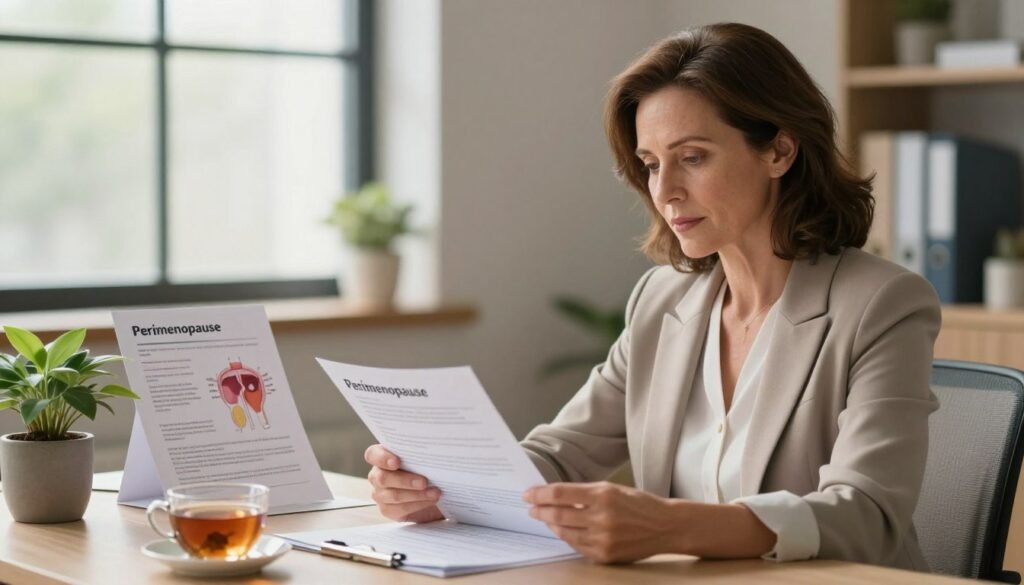 Perimenopause Treatment: Evidence-Based Options That Work 2 A serene and supportive scene depicting a middle-aged woman, dressed in professional business attire, sitting at a desk in a softly lit, modern office environment. In the foreground, the woman, with a contemplative expression, is reviewing medical charts and literature about perimenopause, surrounded by calming elements like a potted plant and a cup of herbal tea. The middle ground features a clear view of educational materials on perimenopause, including diagrams of hormonal changes and stages, neatly arranged on the desk. In the background, a window allows natural light to filter in, illuminating the space and creating a warm atmosphere. The image conveys feelings of empowerment, understanding, and compassionate care in women's health. The overall style is realistic and premium quality, suitable for an educational context. Vidah Plena | Women's Health.