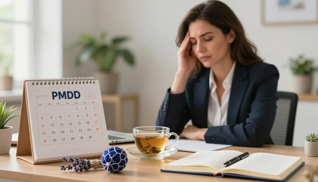 A serene and thought-provoking editorial image reflecting the concept of PMDD mood swing triggers. In the foreground, a thoughtfully composed arrangement of common triggers: a calendar with marked dates, a cup of herbal tea, a journal with a pen, and stress-relief items like a stress ball and lavender sachets. In the middle ground, a woman in professional business attire sits at a desk, her expression contemplative yet serene, embodying the complexity of coping with PMDD mood swings. The background softly blurs into a light-filled room with plants, enhancing a calming atmosphere. The lighting is natural and warm, creating a sense of peace and understanding. The overall mood is reflective and hopeful, suitable for a premium medical magazine style. Vidah Plena | women's health.