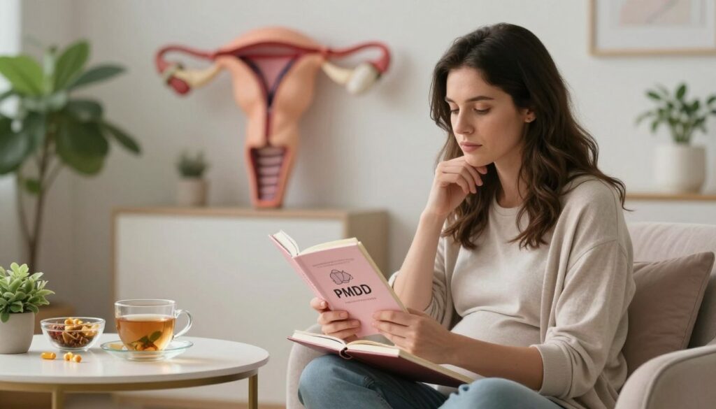 A serene and thoughtful scene depicting a woman sitting in a cozy, softly lit room, surrounded by greenery and soft pastel colors, symbolizing emotional well-being. In the foreground, a woman in modest casual clothing, appearing contemplative, holds a small fertility book and a journal, capturing the intersection of PMDD and pregnancy. The middle layer features a coffee table with vitamins and herbal teas, emphasizing a holistic approach to health and fertility. In the background, an abstract representation of female reproductive organs subtly integrated into the decor, fostering a sense of awareness and empowerment. The overall atmosphere is calm and hopeful, embodying professional women's health themes. High-quality, editorial style, suitable for Vidah Plena | Women's Health. A serene and thoughtful scene depicting a woman sitting in a cozy, softly lit room, surrounded by greenery and soft pastel colors, symbolizing emotional well-being. In the foreground, a woman in modest casual clothing, appearing contemplative, holds a small fertility book and a journal, capturing the intersection of PMDD and pregnancy. The middle layer features a coffee table with vitamins and herbal teas, emphasizing a holistic approach to health and fertility. In the background, an abstract representation of female reproductive organs subtly integrated into the decor, fostering a sense of awareness and empowerment. The overall atmosphere is calm and hopeful, embodying professional women's health themes. High-quality, editorial style, suitable for Vidah Plena | Women's Health.