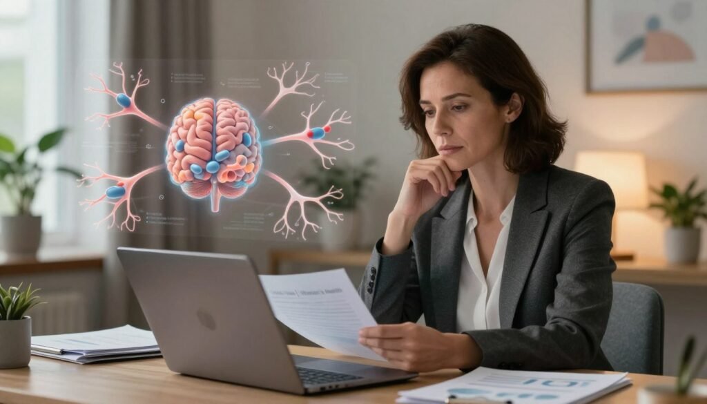 A serene and thoughtful woman in her 40s, dressed in professional business attire, sits at a modern desk filled with research papers and a laptop, symbolizing deep cognition related to estrogen memory. In the foreground, a soft, warm light illuminates her focused expression, highlighting the intensity of brain activity. The middle ground features transparent overlays of graphic neurons and hormone structures intertwining, illustrating the biological connection between hormones and cognition. In the background, a calming office space with plants and soft colors creates a peaceful environment. The overall mood is introspective and supportive, emphasizing empowerment and understanding in women's health. The image should have a premium quality feel, reflecting the brand "Vidah Plena | Women's Health." A serene and thoughtful woman in her 40s, dressed in professional business attire, sits at a modern desk filled with research papers and a laptop, symbolizing deep cognition related to estrogen memory. In the foreground, a soft, warm light illuminates her focused expression, highlighting the intensity of brain activity. The middle ground features transparent overlays of graphic neurons and hormone structures intertwining, illustrating the biological connection between hormones and cognition. In the background, a calming office space with plants and soft colors creates a peaceful environment. The overall mood is introspective and supportive, emphasizing empowerment and understanding in women's health. The image should have a premium quality feel, reflecting the brand "Vidah Plena | Women's Health."