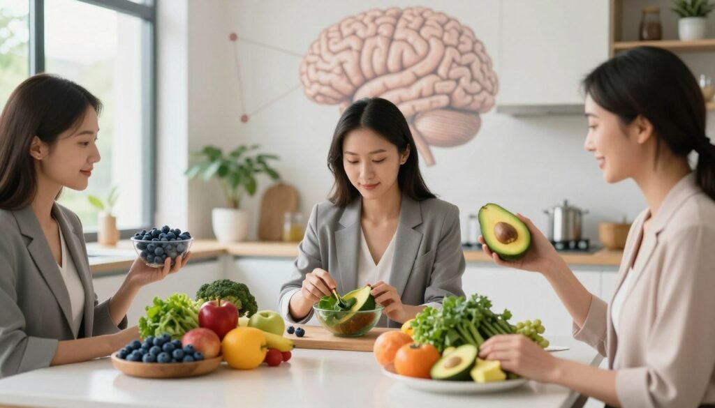 Perimenopause Brain Fog: Causes, Symptoms, and Solutions 1 A serene and uplifting image illustrating brain health in the context of nutritional strategies. In the foreground, a diverse group of three women in professional attire, each engaged with vibrant, colorful fruits and vegetables, such as blueberries, avocados, and leafy greens, symbolizing brain-boosting nutrition. The middle ground features a chic, modern kitchen setting with natural light flooding in through large windows, highlighting a clean, minimalistic design with plants and healthy cooking elements. In the background, soft-focus representations of brain imagery or neural networks subtly integrate into the kitchen decor, evoking a sense of mental clarity and focus. The mood is empowering and positive, conveying wellness and vitality, perfect for reflecting women’s health themes. Editorial women’s health style, realistic, premium quality, Vidah Plena | Women's Health branding subtly represented in the scene.